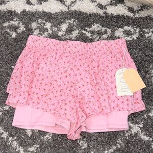 NWT Blogilates Popflex Pink Floral Ruffle Women's Shorts - Large